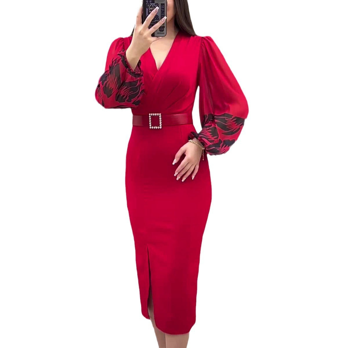 Robe cintrée rouge imprimée avec ceinture pour femme en polyester taille moyenne