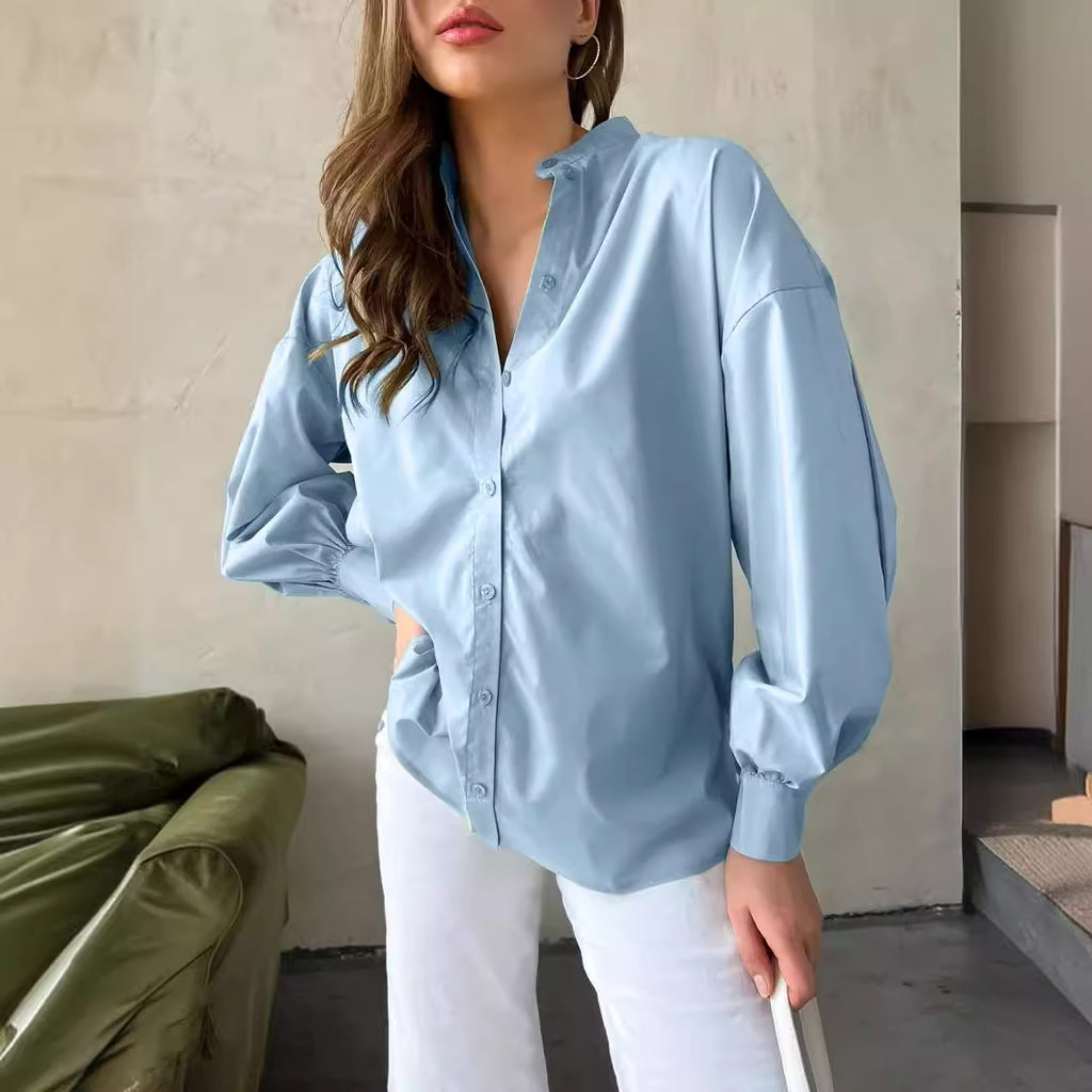 Chemisier Femme en Coton à Manches Lanternes Col Rond Longueur Moyenne