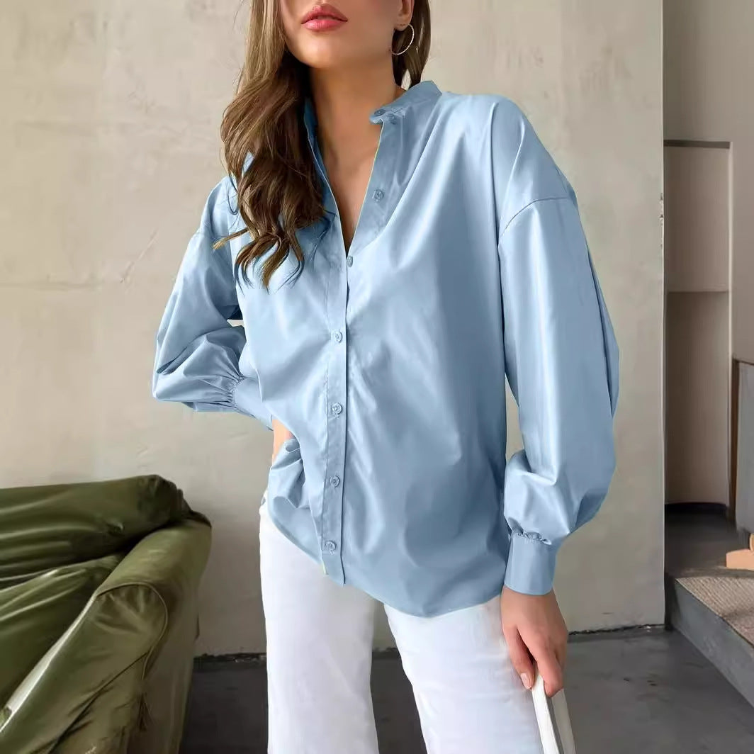 Chemisier Femme en Coton à Manches Lanternes Col Rond Longueur Moyenne
