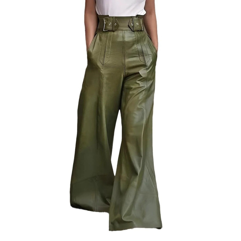 High Waist PU Leather Casual Trousers with Pockets