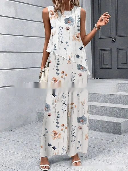 Women's Sleeveless Round Neck Top & Printed Pants Set Spring Summer