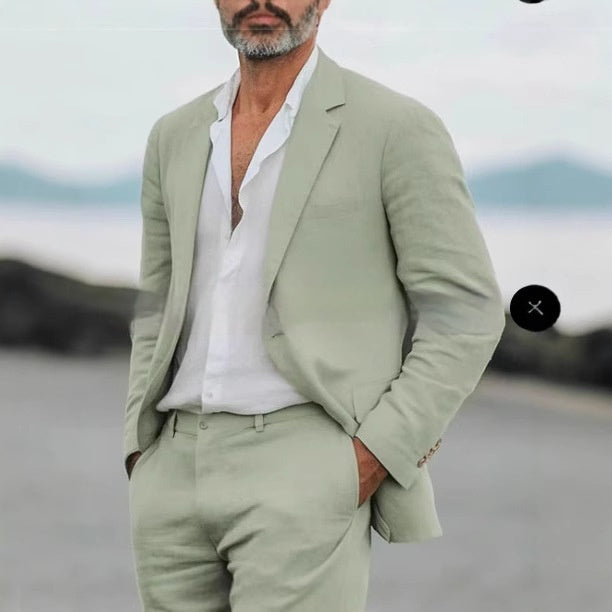 Men's Slim Fit Linen Two-Piece Business Casual Suit