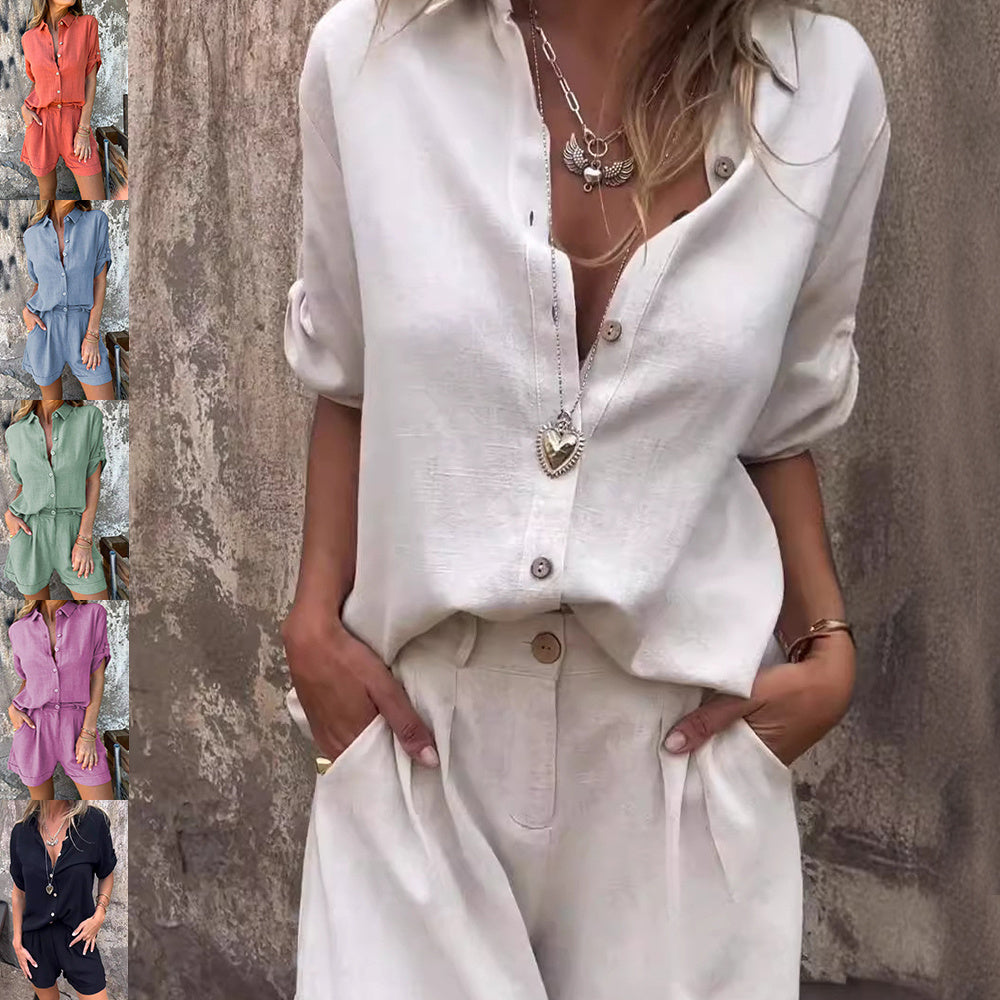 Ensemble chemise boutonnée à revers et short à poches à manches courtes pour femmes