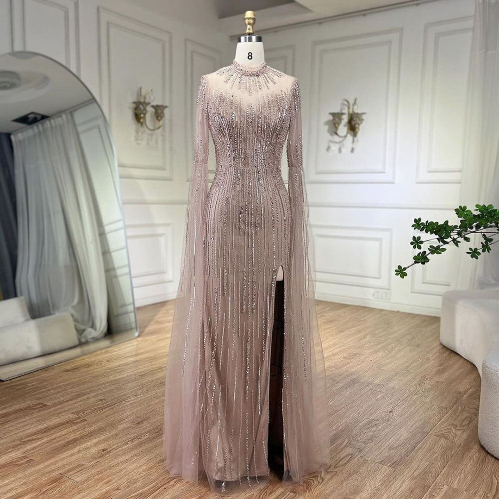Elegant Water Green Flounced Sleeve Split Fishtail Dress
