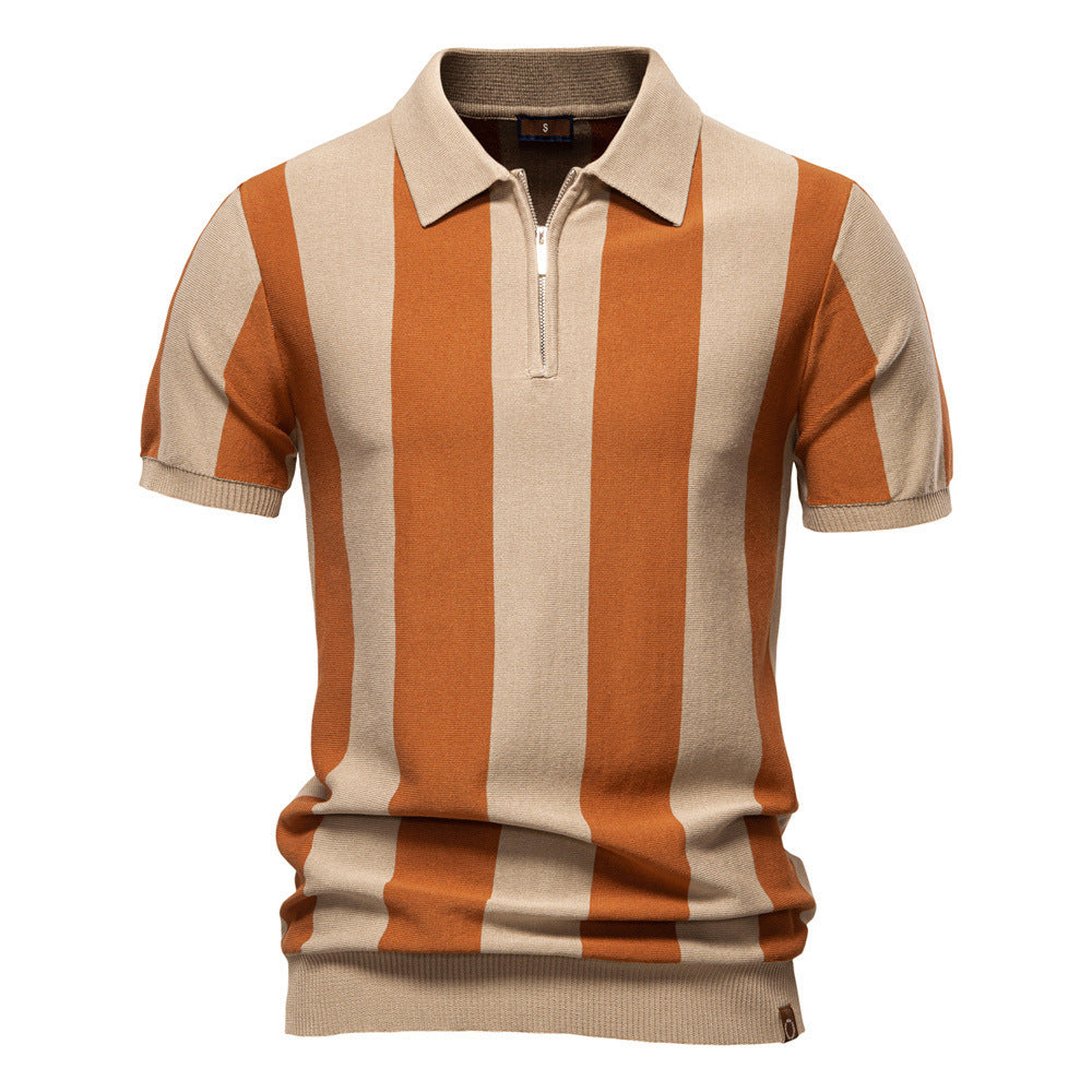 Men's Short-Sleeve Woolen Lapel Polo Shirt with Stripes