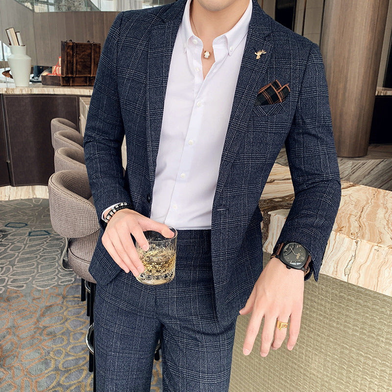 Men's Slim Fit Plaid Two-Piece Business Casual Suit