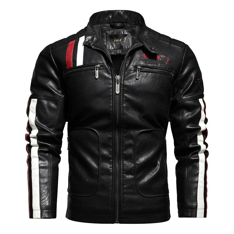Men's Slim-Fit Motorcycle Leather Jacket with Stand Collar