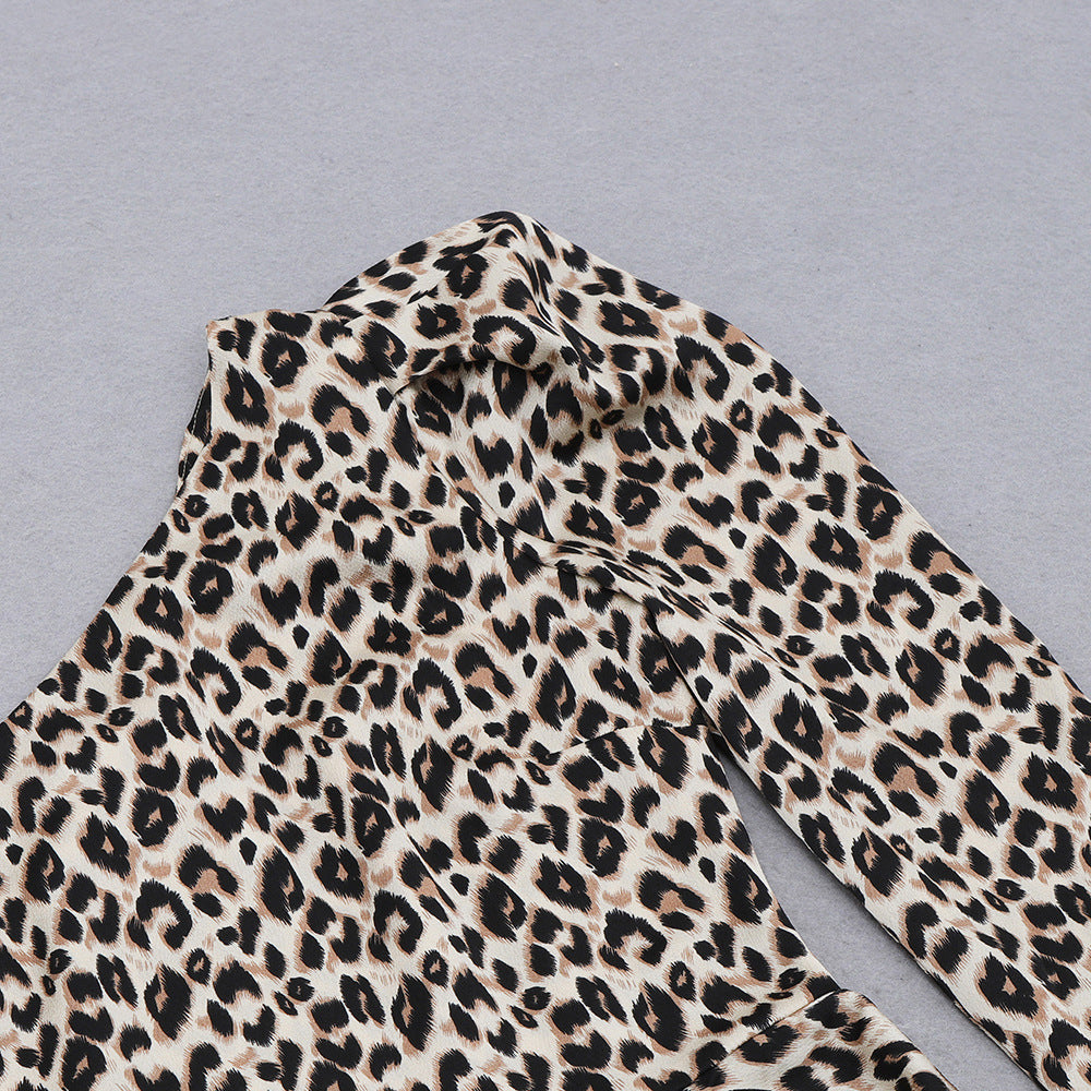 Leopard Print Long Sleeve Slim-Fit Split Sheath Dress