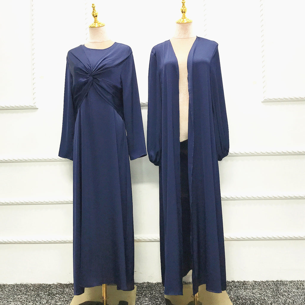 Turkey Dubai Fashion Solid Color Two-Piece Dress Cardigan Set for Middle Eastern Women