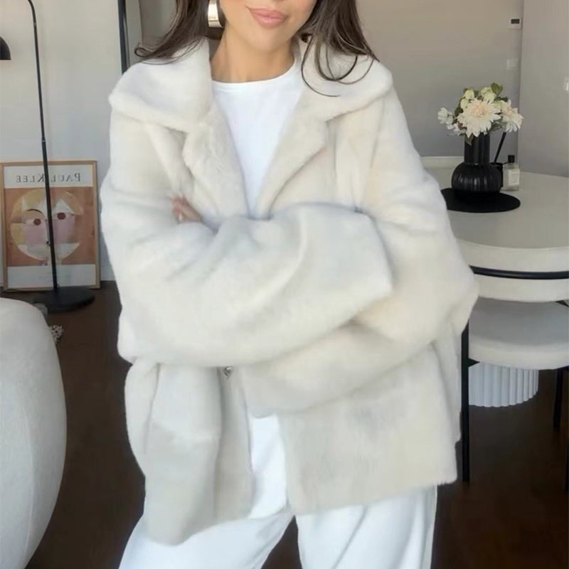 Loose Lapel Single-Breasted Furry Fleece Coat Long Sleeve Plush Jacket for Women