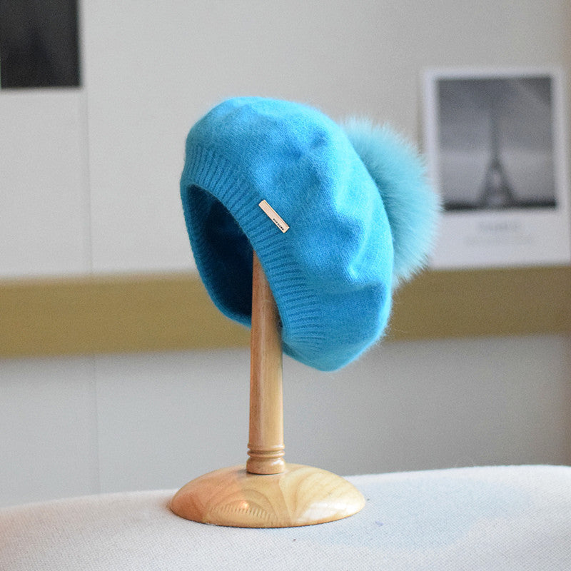 Japanese Style Rabbit Fur Beret Hat for Women, Size M, Winter Warmth, Multiple Colors