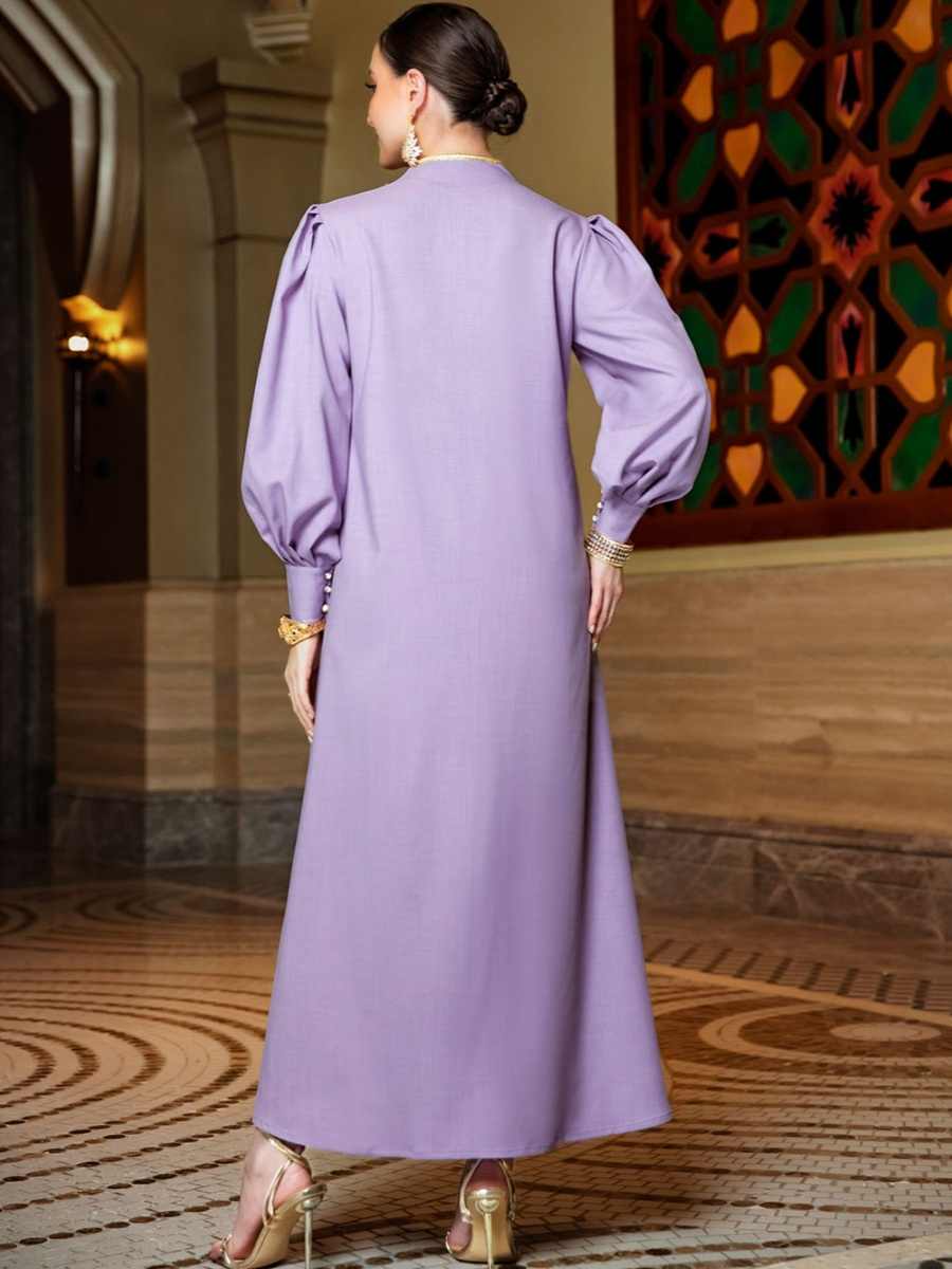 فستان بنفسجي بتطريز دانتيل يدوي، متوفر بمقاسات S-XXL
