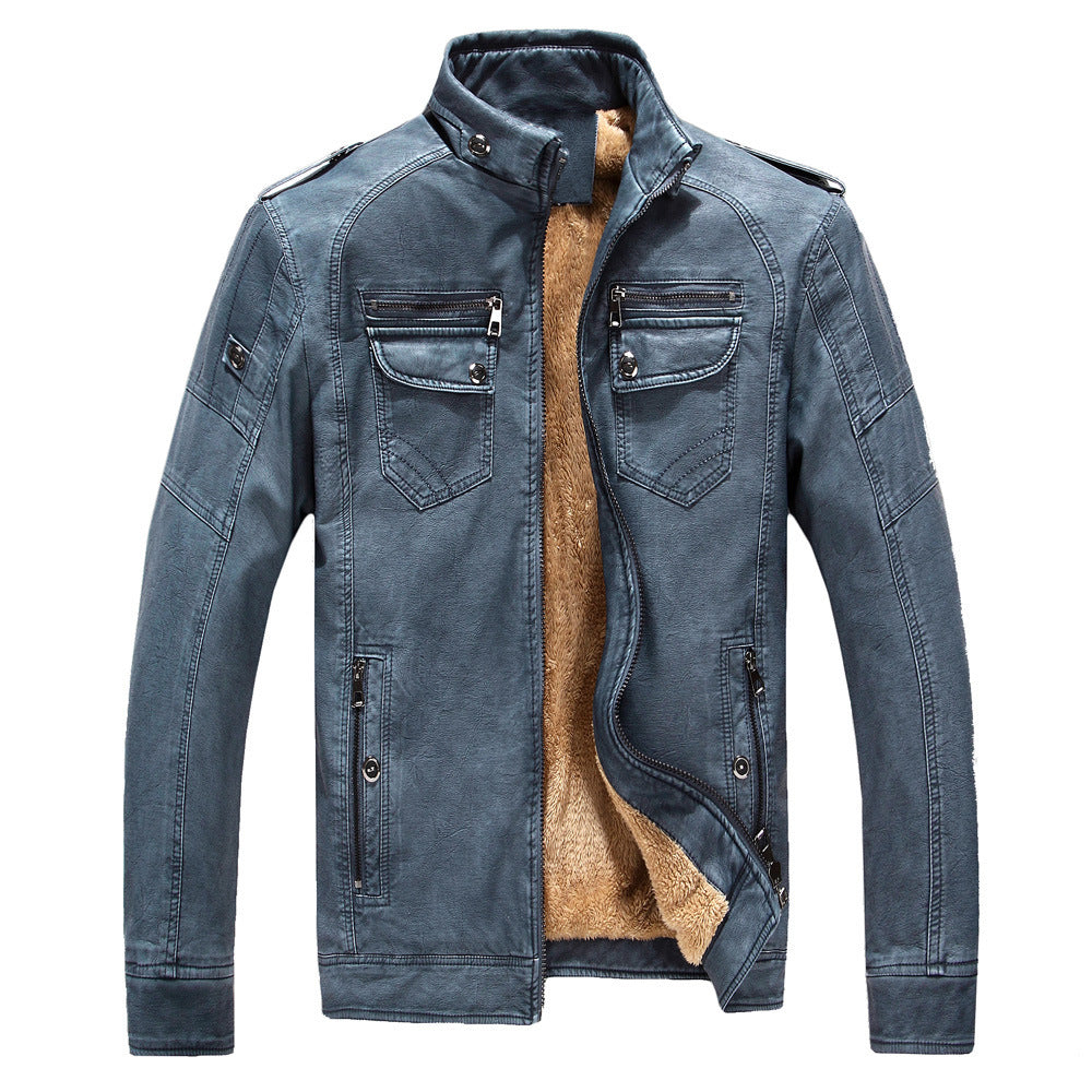 Men's Cowhide Leather Jacket with Velvet Lining Retro Washed Style