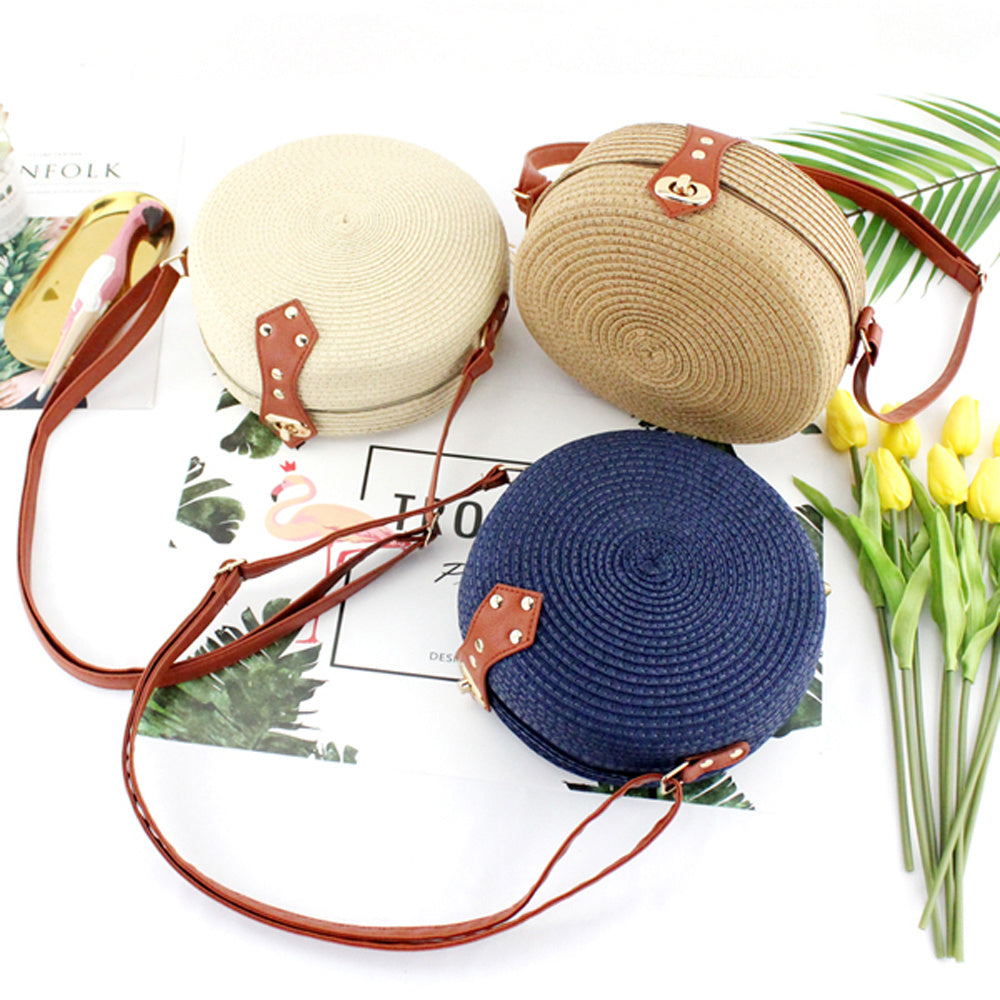 Retro Round Woven Straw Bucket Bag Medium Messenger Handbag