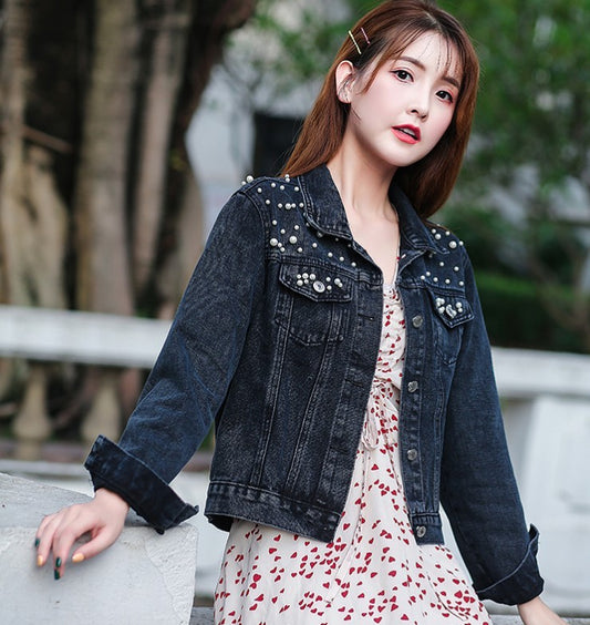 Beaded Pearl Jacket Loose Spring And Autumn New Denim