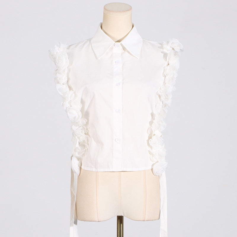 Women’s White Sleeveless Embroidered 3D Flower Shirt S-XL