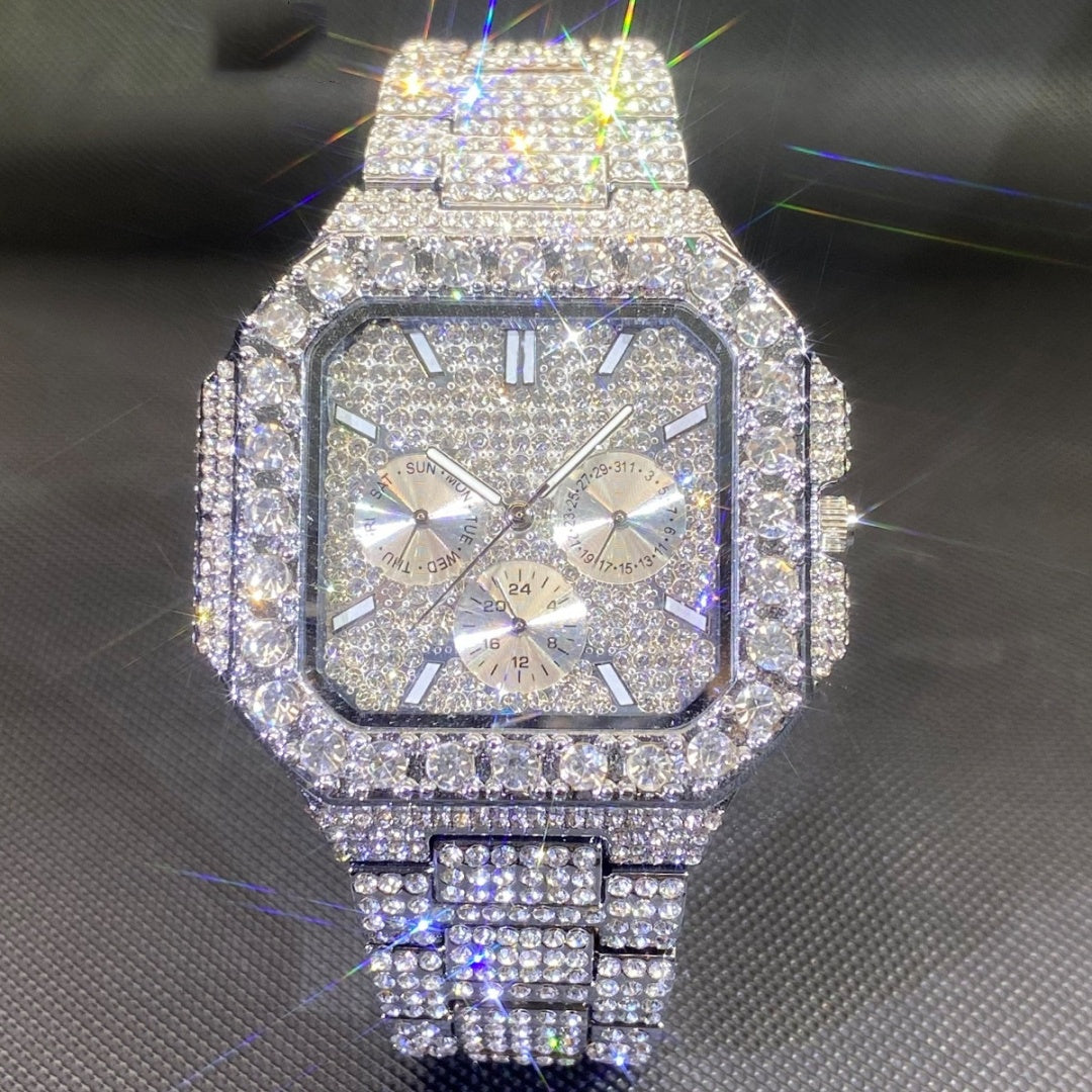 Montre carrée hip-hop pour homme incrustée de diamants – Or et argent, multifonctionnelle