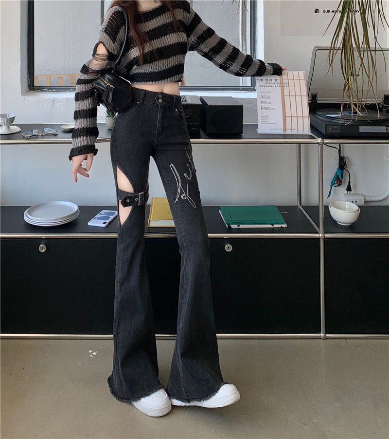 Black High Waist Hollowed-Out Ripped Denim Jeans for Women