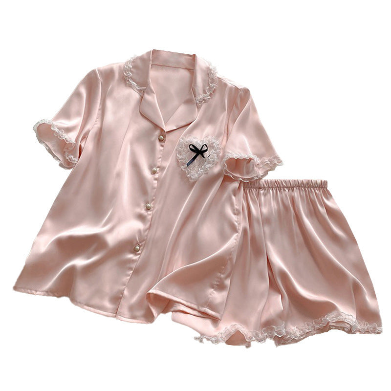 Women’s Korean-Style Pink Short-Sleeve Shorts Pajama Set, Rayon, Summer, Casual, Breathable