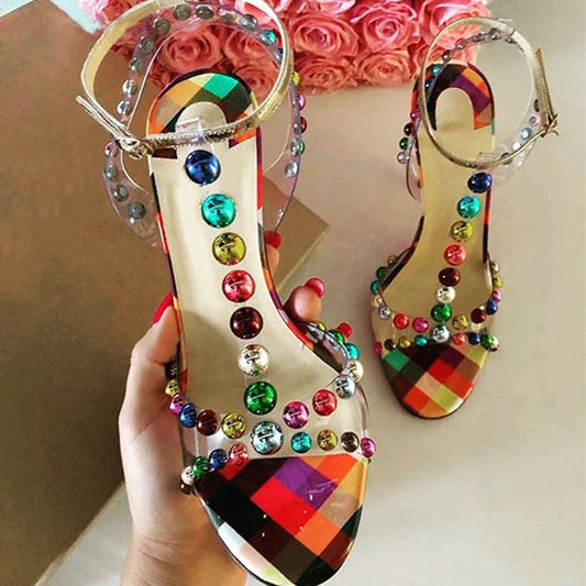 Bubble-trimmed PVC Color Round Bead Rivets T-strap High-heeled Sandals With Stiletto Heels