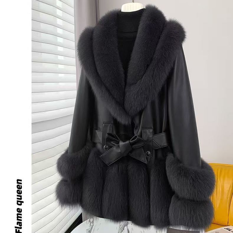 Thick Mid-Length Faux Fur Leather Coat with Fur Collar