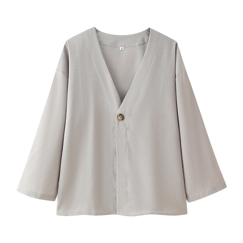 Cotton And Linen Casual Loose V-neck Solid Color Two-piece Set