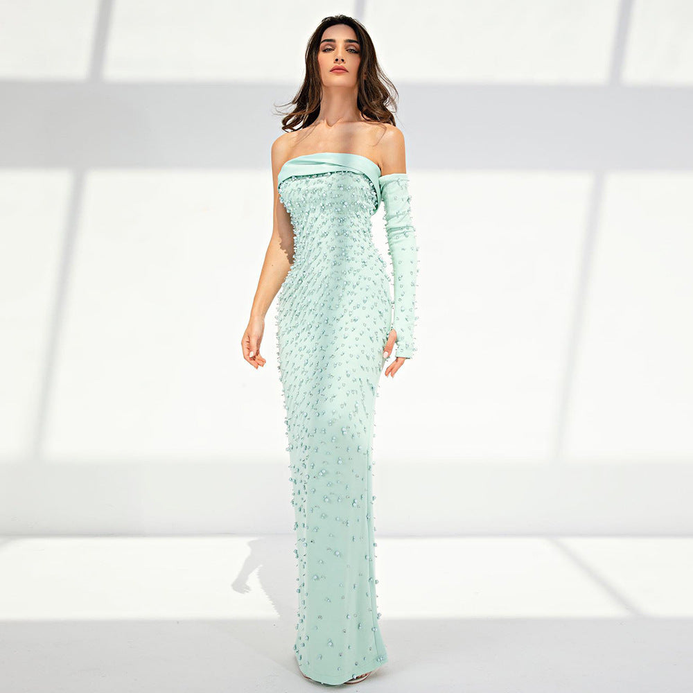 Robe de soirée à châle pailleté bleu pour femme
