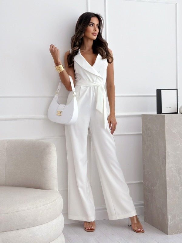 V-Neck Sleeveless Jumpsuit with Belt Summer Trousers for Women
