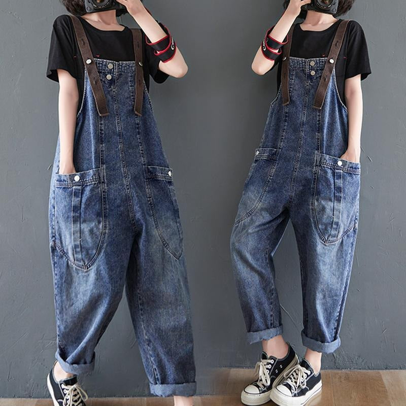 Women's Loose Light Blue Denim Overalls High Waist Slim Fit