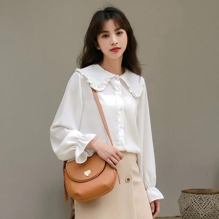Women's White Polyester Button Shirt Loose Fit