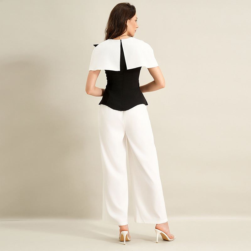 Elegant Commuter Black-and-White Color-Block Shirt Set