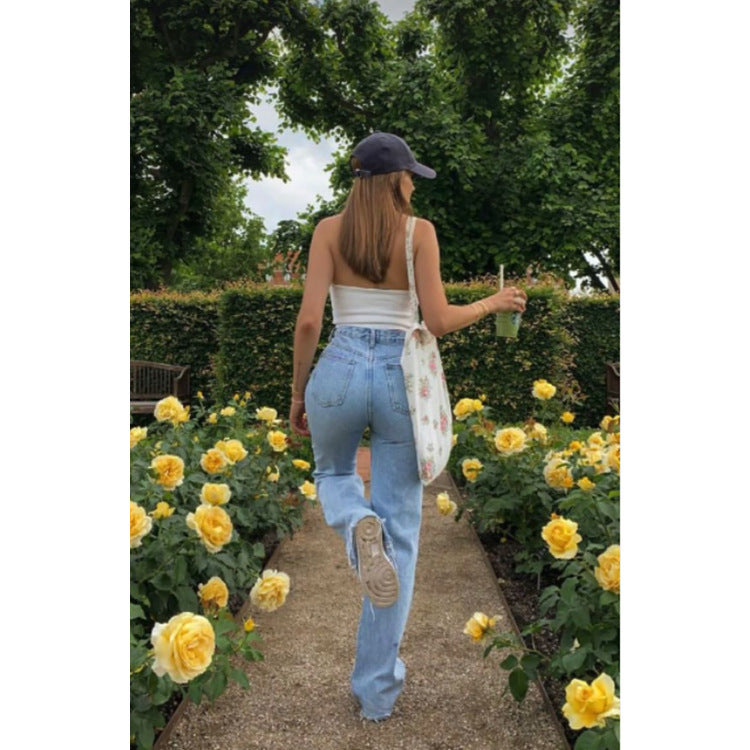 High Waist Light Wash Wide Leg Ripped Denim Jeans