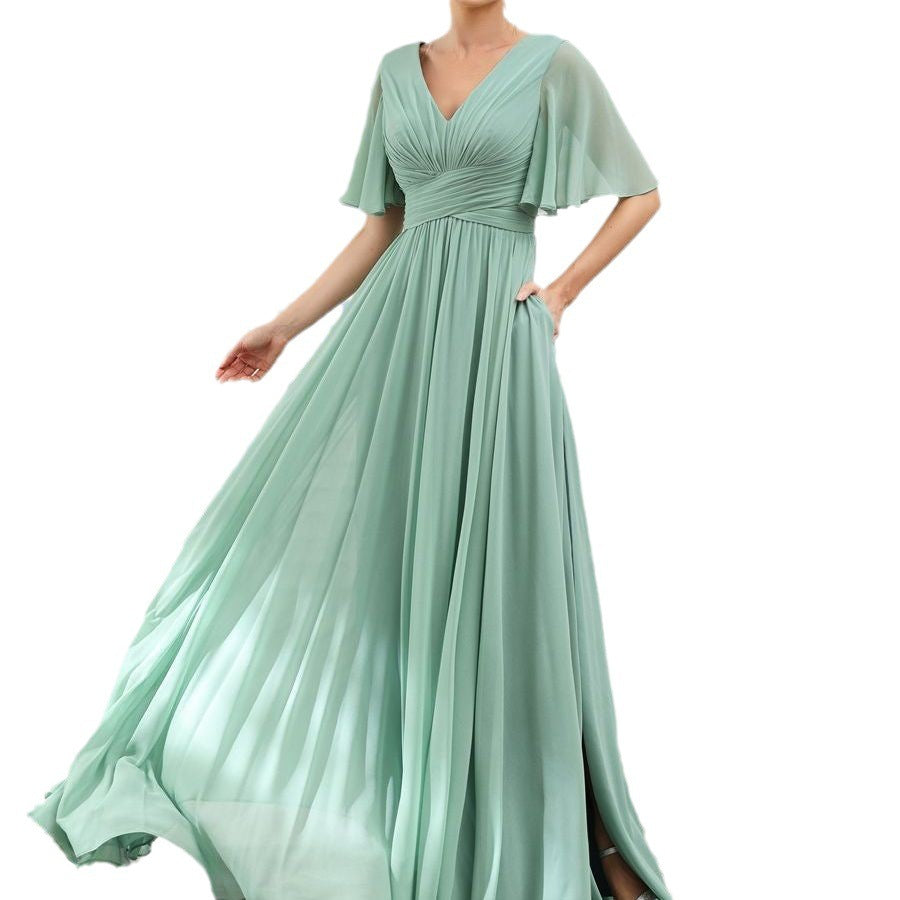 Robe de soirée longue en mousseline de soie à col en V et manches papillon