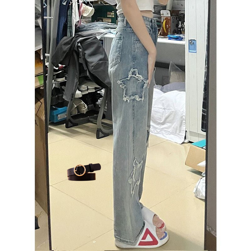 Blue Embroidered High-Waist Loose Straight-Leg Jeans for Women