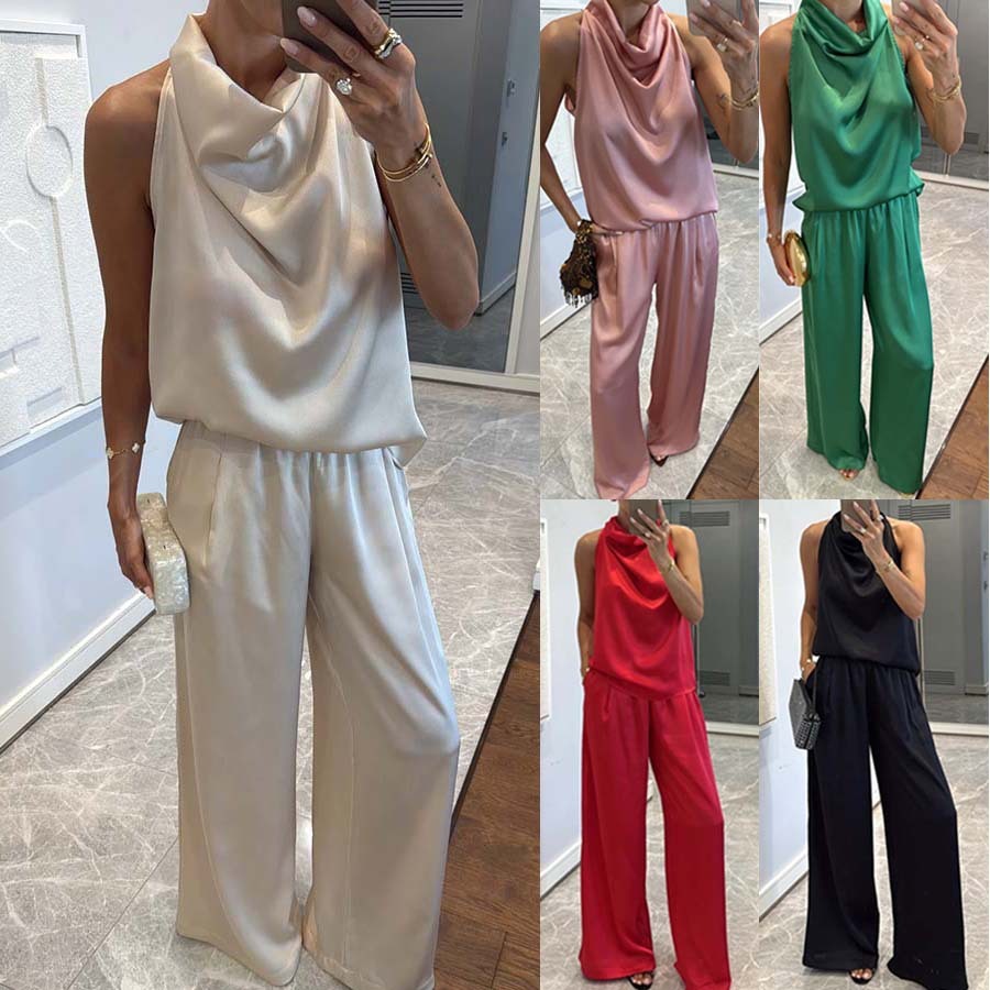Ensemble deux pièces sans manches en satin avec pantalon ample pour femme