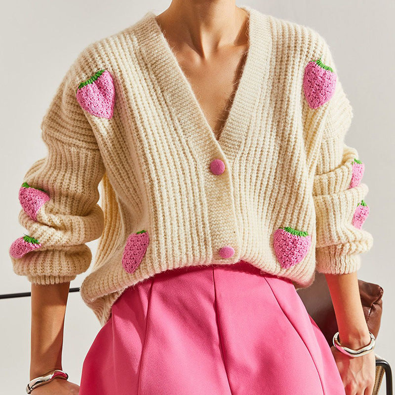Beige V-Neck Cardigan Sweater with Strawberry Crochet Flowers