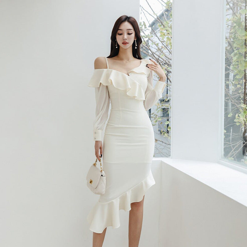 Beige Apricot Ruffled Asymmetric Hip-Wrapped Dress S-XL Polyester