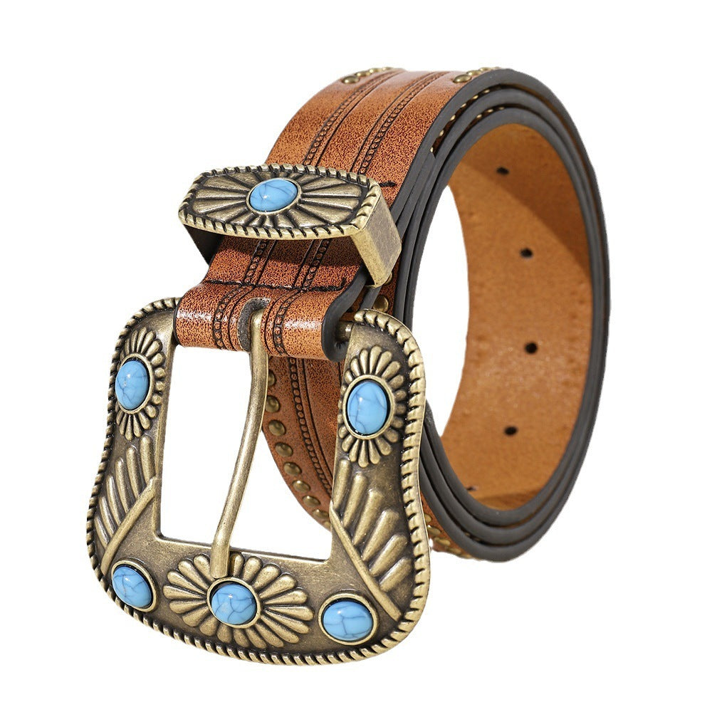 Western Retro Women's Chocolate PU Leather Denim Belt 120cm