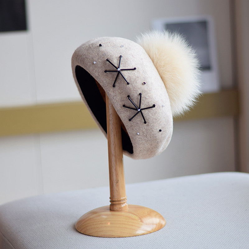 Women's Wool Dome Hat with Fox Fur Ball – Winter Warm M(56-58cm)