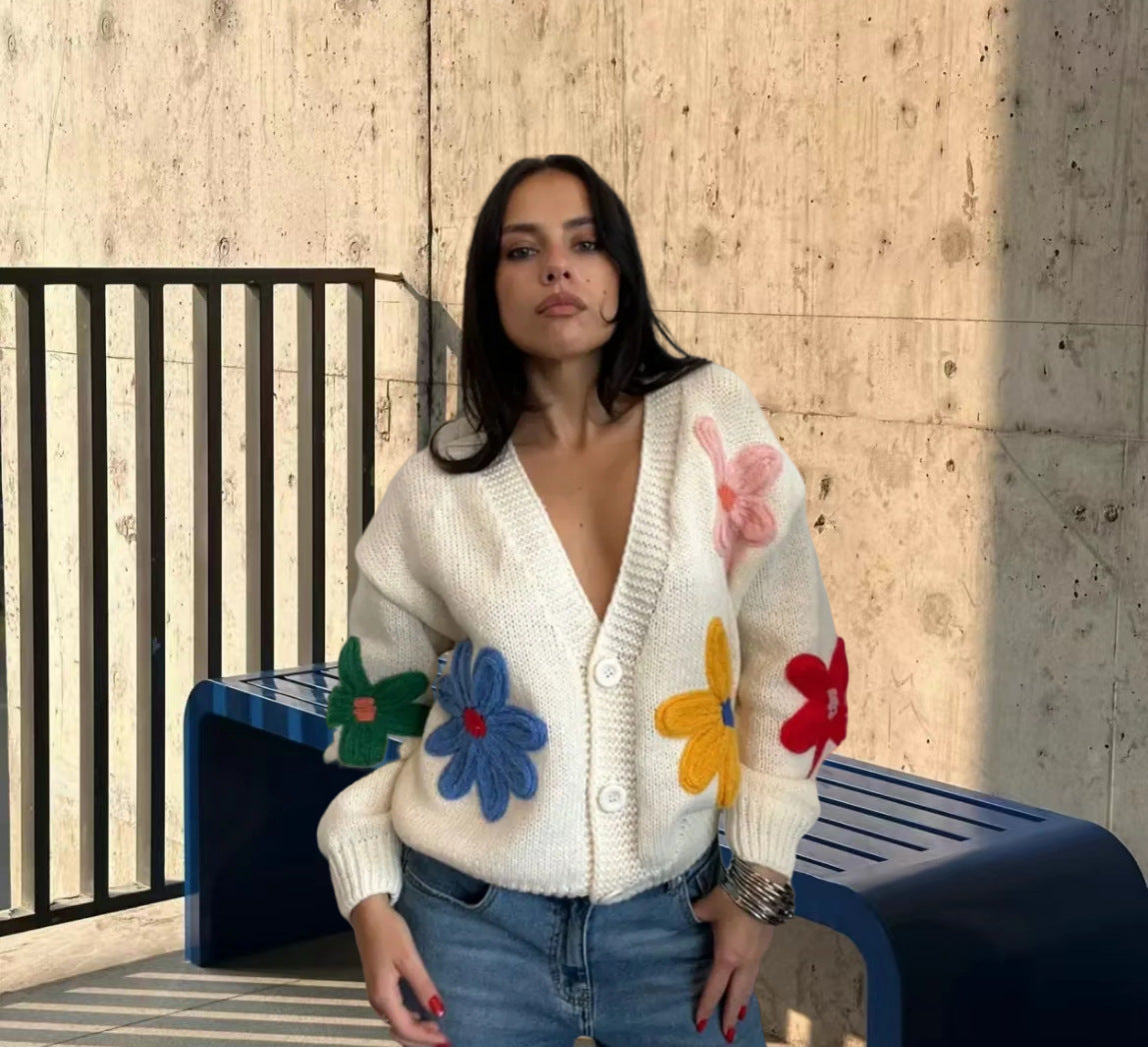 European & American Colorful Little Flower Thick Cute Sweater Coat