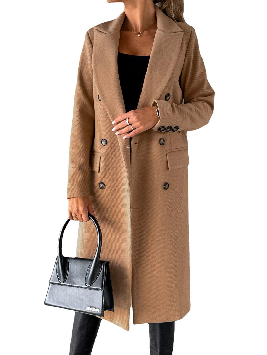 Manteau long d'hiver ajusté à revers double boutonnage pour femme