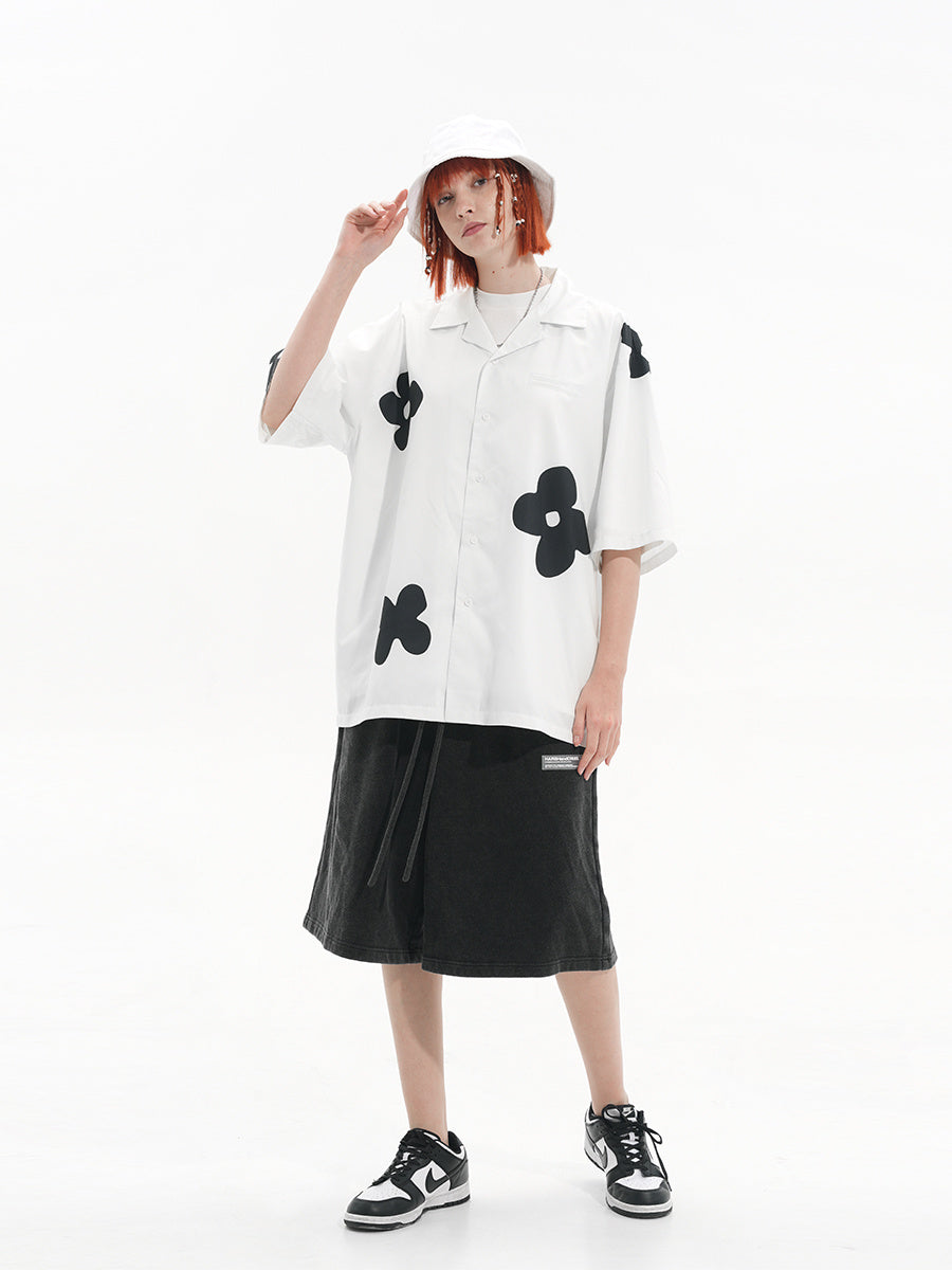 Vintage Hand Drawn Silhouette Floral Cuban Collar Short Sleeve Shirt