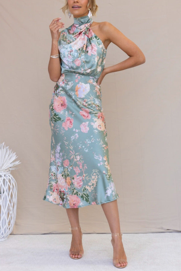 Robe en satin sans manches à taille haute et col licou avec imprimé floral pour femme