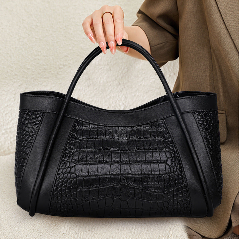Black Genuine Leather Tote Handbag 40cm Practical Commuter Bag