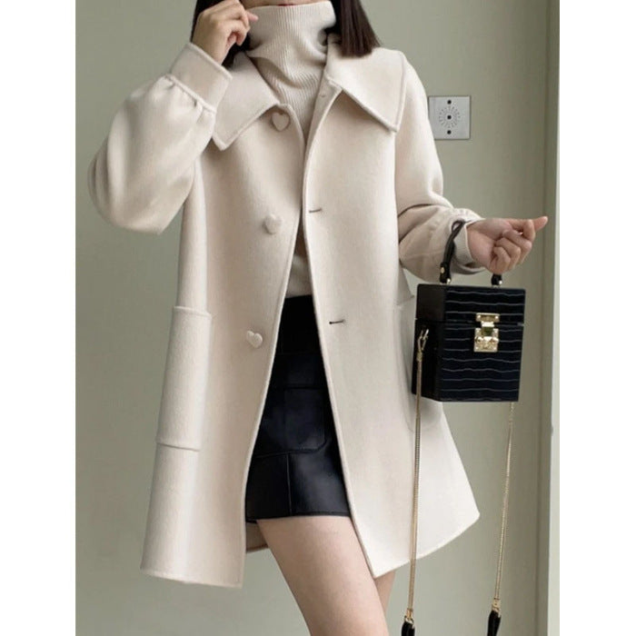 Slim Fit Medium Woolen Coat with Heart Buckle & Peter Pan Collar for Women