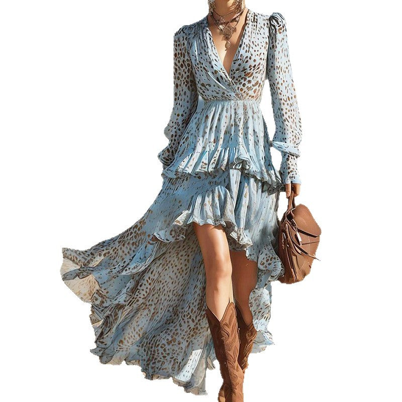 Womens Blue Printed V-Neck Long-Sleeve Lace Maxi Dress