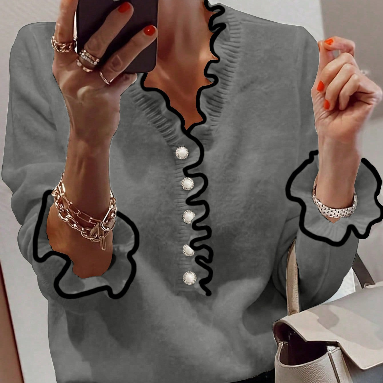 Women's Long Sleeve V-Neck Bell Sleeve Sweater Pullover