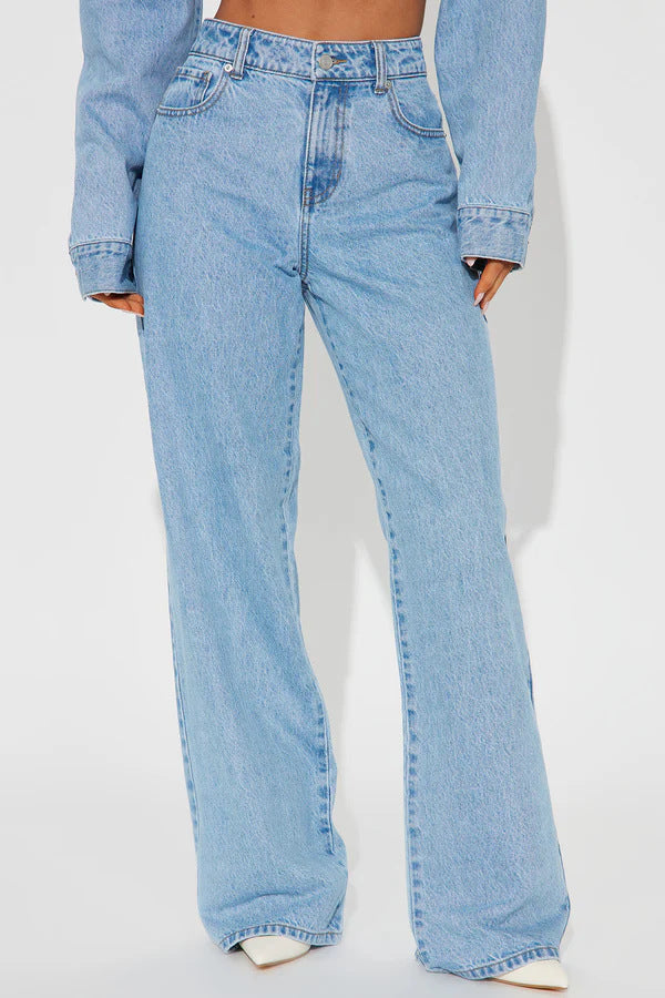 Jeans en coton taille haute coupe droite amincissant ample avec poche cœur