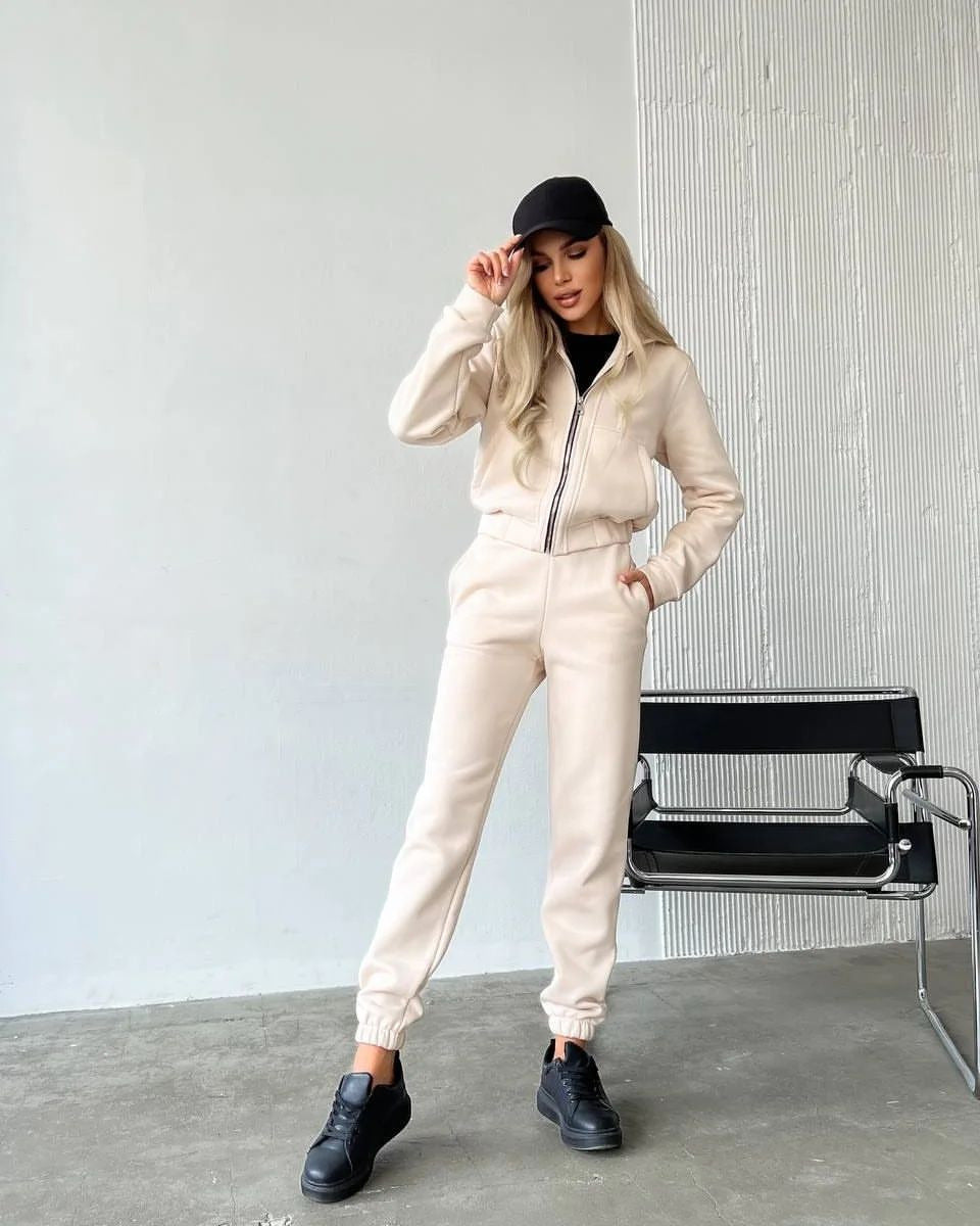 Ensemble pull à manches longues à capuche et fermeture éclair doublé en polaire