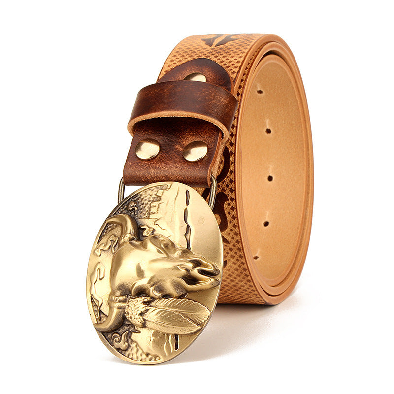 Men's Ethnic Leather Belt Oval Copper Buckle First Layer Cowhide